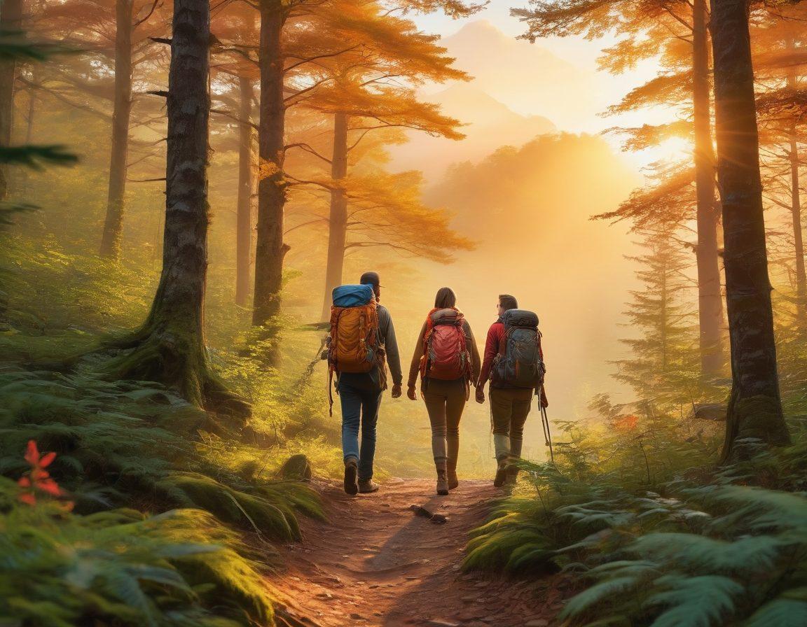 A couple happily hiking through a lush forest, surrounded by vibrant wildlife such as deer and colorful birds. The scene captures their sense of adventure, with a beautiful sunset in the background illuminating the sky. Include elements of exploration, like a detailed map and hiking gear scattered around. The atmosphere is filled with excitement and natural beauty, evoking a sense of romantic adventure. super-realistic. vibrant colors.