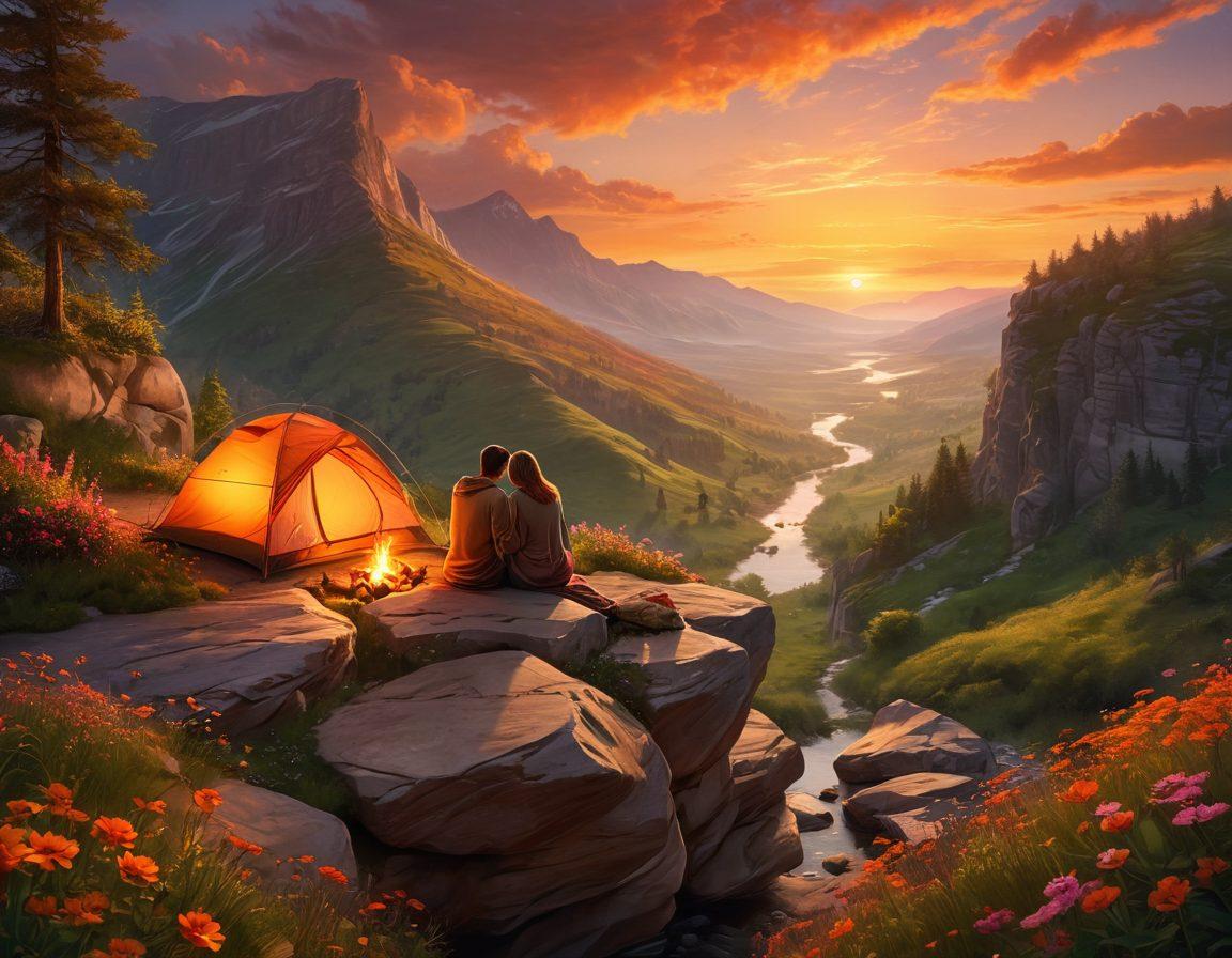 A couple embracing while sitting at the edge of a cliff, overlooking a breathtaking sunset over lush green valleys and distant mountains. Surround them with wildflowers and gently flowing streams to enhance the romantic vibe. Add a cozy camping setup with twinkling fairy lights and a glowing campfire in the foreground. super-realistic. vibrant colors. 3D.