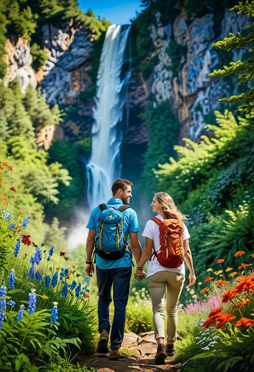 A couple hiking through a lush forest, hands intertwined, surrounded by vibrant wildflowers and a breathtaking waterfall in the background. They are smiling, dressed in adventurous outdoor gear, exuding love and excitement. Above them, a bright blue sky with fluffy clouds to enhance the romantic yet adventurous atmosphere. super-realistic. vibrant colors. nature-themed.